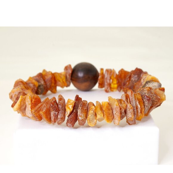 Natural Baltic Amber Bracelet, Real Amber Beads With Agarwood Bead, Unisex Style - Picture 5 of 9